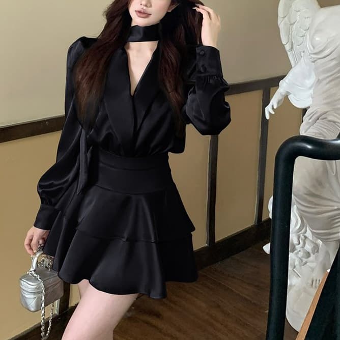 Spring and Fall New Women's Suit: Elegant Satin Blouse with Tiered Skirt, High-End Two-Piece Set