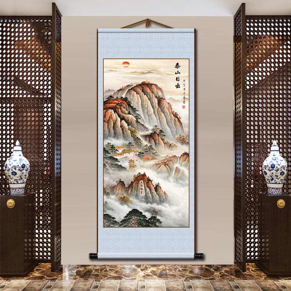 2509 Mount Tai sunrise painting "Having Mountains Without Water as Backing," waterproof decorative scroll for study or living room.