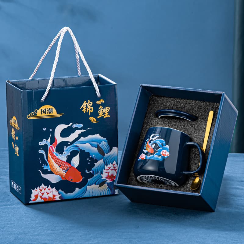 New Chinese Style Mug Set with Lid and Spoon, Ceramic Water Cup, Corporate Gift, Office Coffee Cup, Tea Cup, Gift