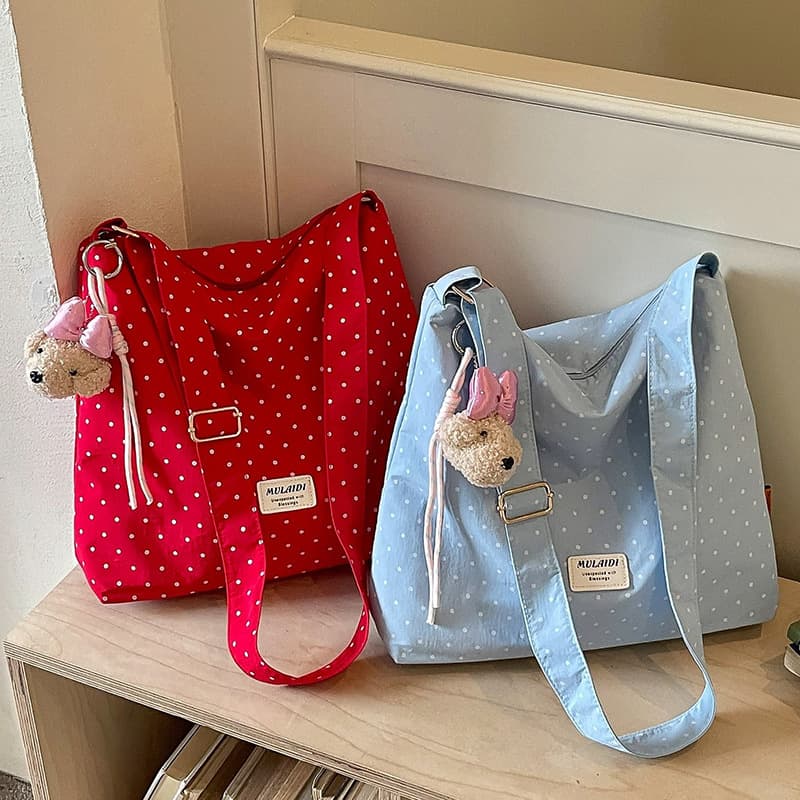 Korean Minimalist Polka Dot Canvas Bag 2026 Summer New Large Capacity Shoulder Crossbody Bag Commuter Tote Bag