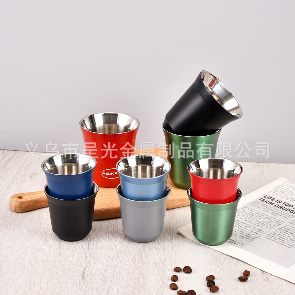 Cross-border 304 stainless steel small capacity mini coffee cup double-layer anti-scalding milk cup stainless steel small wine cup gift