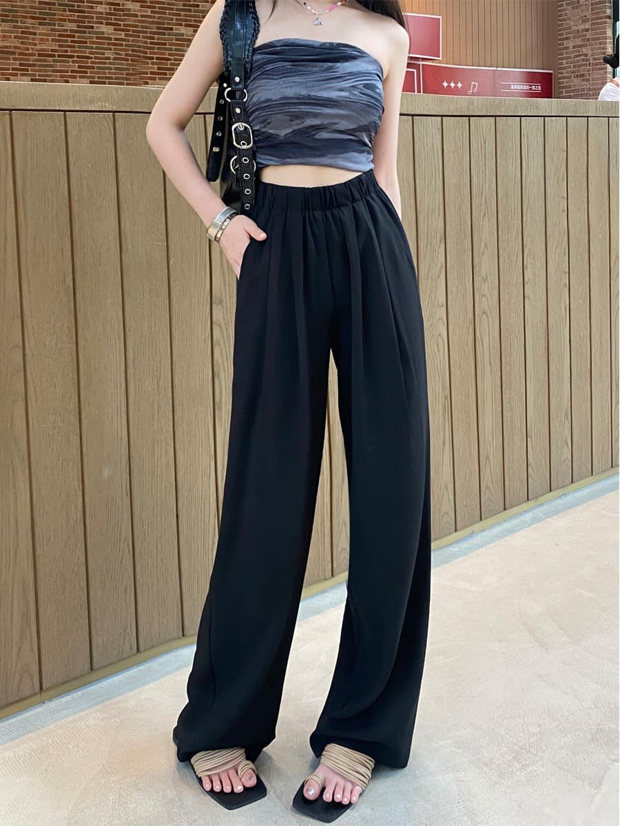 Black Cotton Linen Wide Leg Pants for Women, Summer Thin Loose Ice Silk Sun Protection Straight Leg Pants, Japanese Casual Relaxed Trousers