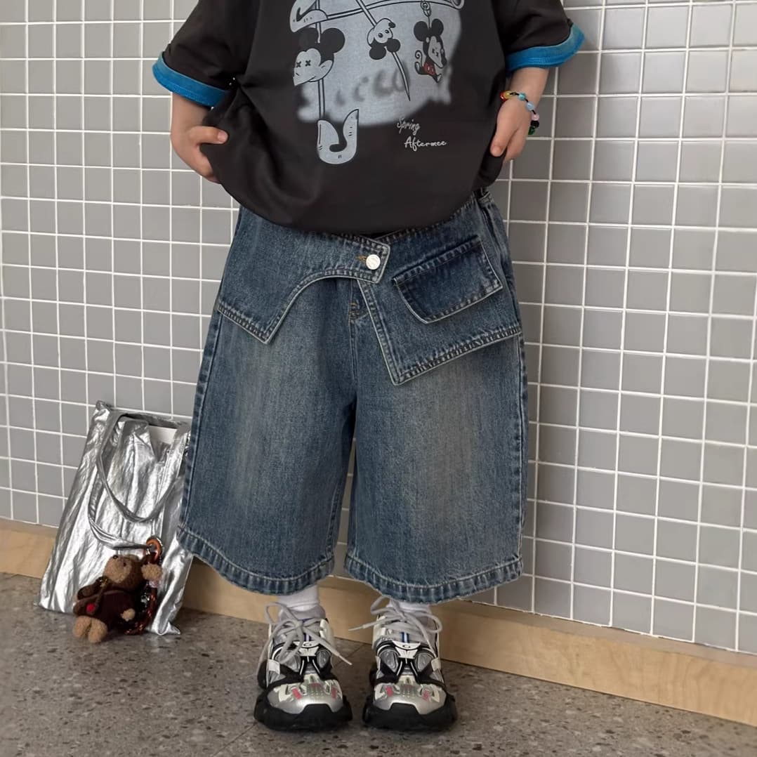 Xiner 2026 Spring and Summer New Children's Bamboo Cotton Denim Cropped Pants Fake Two-piece Medium Pants Boys Denim Shorts