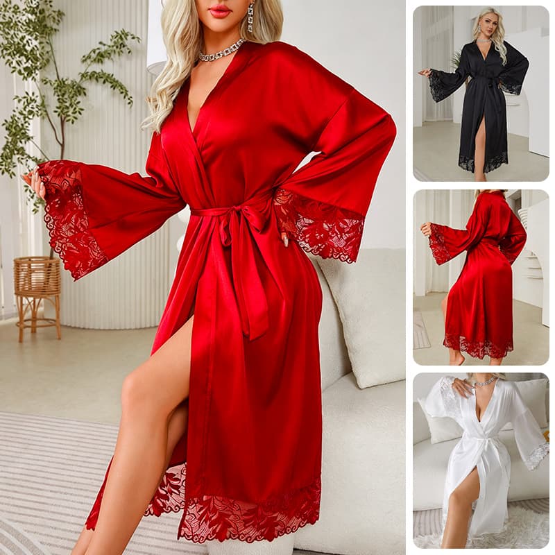 Light Luxury Lace Patchwork Nightgown with Satin Flared Sleeves and Tie, Long Style, Elegant Design, Women's Bathrobe 682
