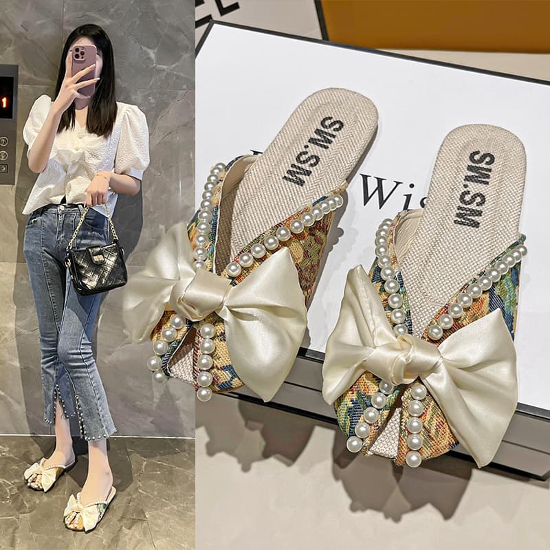Floral Embroidered Flat Bottom Slippers Women's Summer Outdoor Wear Soft Sole Slip-On Sandals Korean Style Butterfly Knot