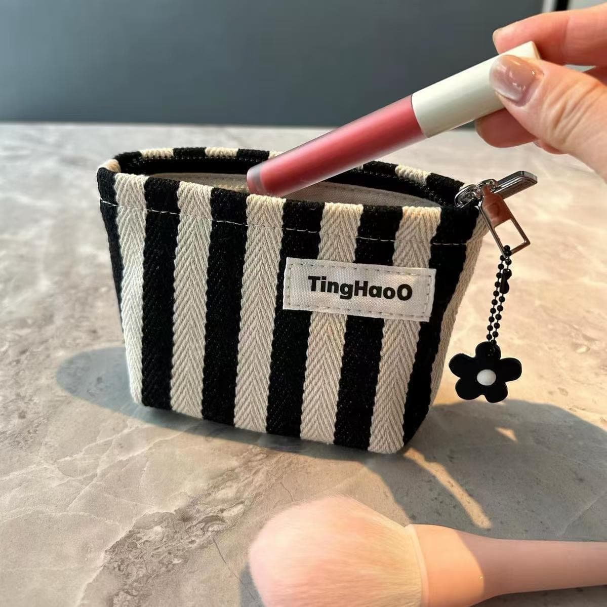 Original Niche Fabric Makeup Bag Small Striped Lipstick Storage Pouch Portable Mini Square Bag Minimalist Inner Bag