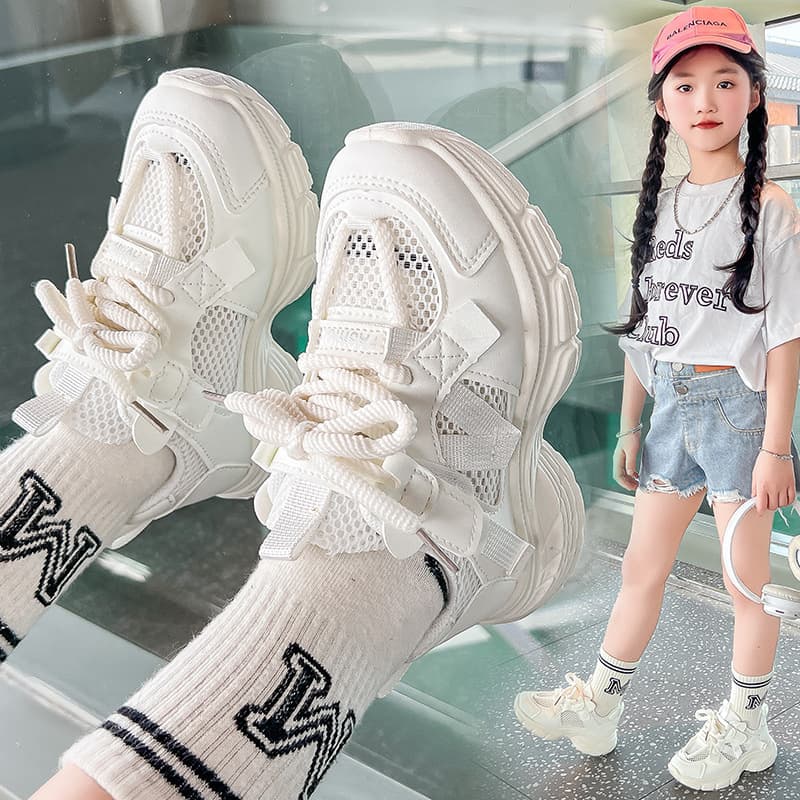 Girls' Sports Shoes Spring and Summer New Style School White Sneakers Kids Dad Shoes Boys Breathable Running Shoes