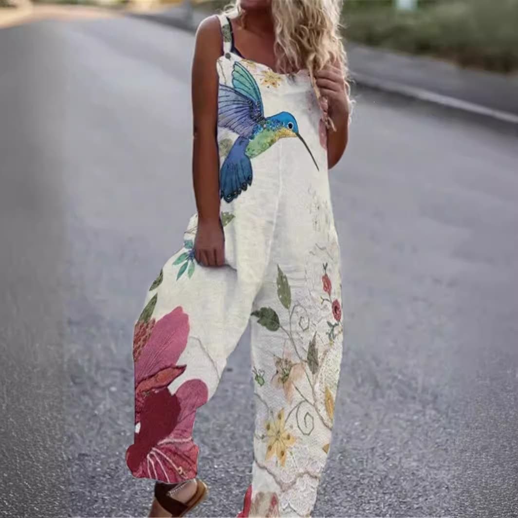 Cross-Border New Product Amazon European and American Fashion Casual Printed Bamboo Linen Loose-Fit Women's Wide-Leg Overalls