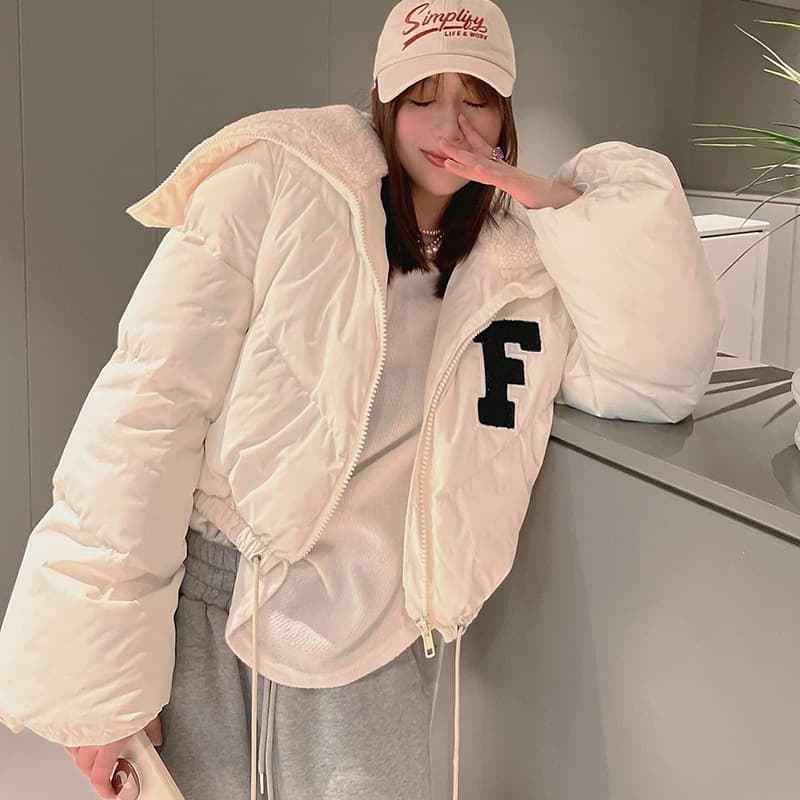 Q22TP392 Fall/Winter New Notched Collar Patch Embroidery Long Sleeve Cardigan Drawstring Sweet Street Style Puffer Jacket European and American Women's Clothing