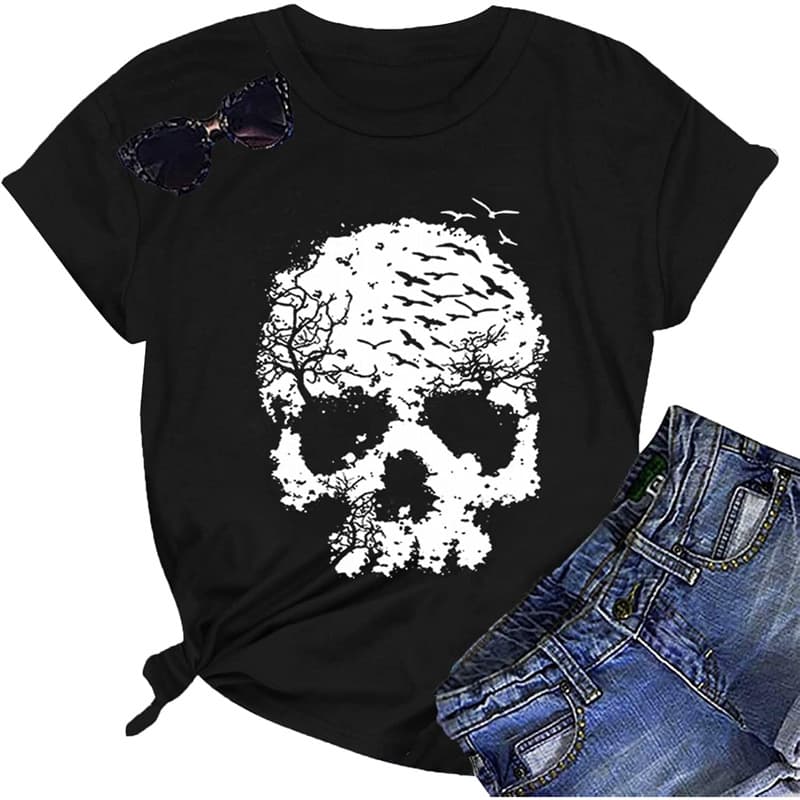 【European cotton T-Shirt】Skull Shirts for Women Funny Gothic Graphic T-Shi