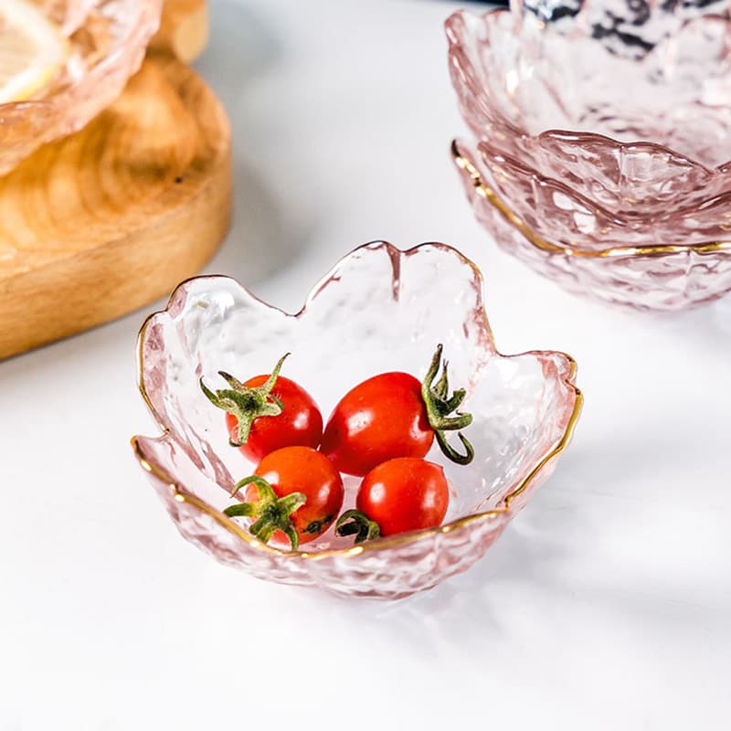 Japanese Hammered Pattern Cherry Blossom Glass Dish, Pink Dipping Sauce Dish, Small Plate with Gold Rim, Hot Pot Dipping Sauce Dish