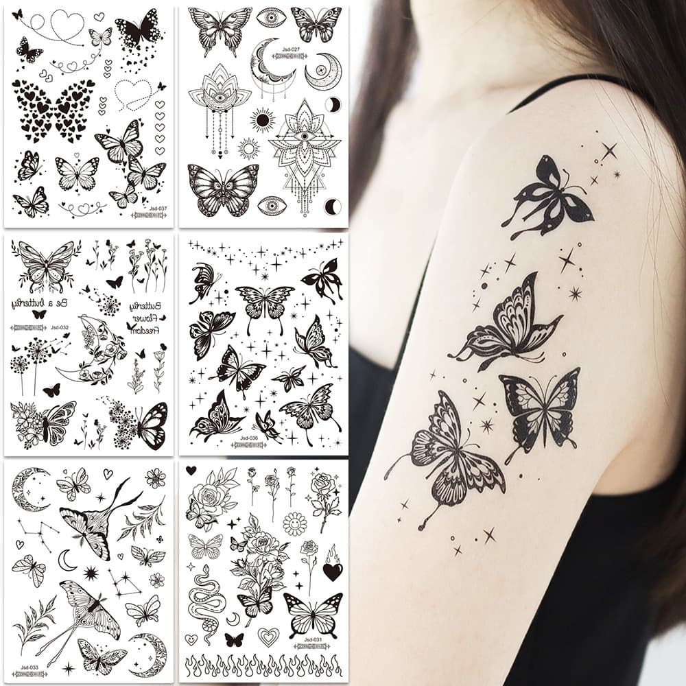 Black Butterfly Tattoo Sticker Small Fresh Sexy Girl Chest Collarbone Arm Temporary Tattoo Cross-Border Spot