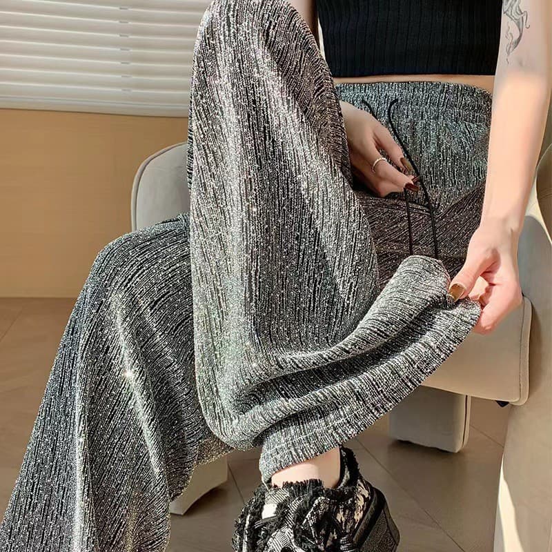 Heavy Industry Hot Diamond Sparkling Starry Sky Wide Leg Pants Women's Summer Thin High Waist Drape Women's Pants Textured Drawstring Straight Leg Pants