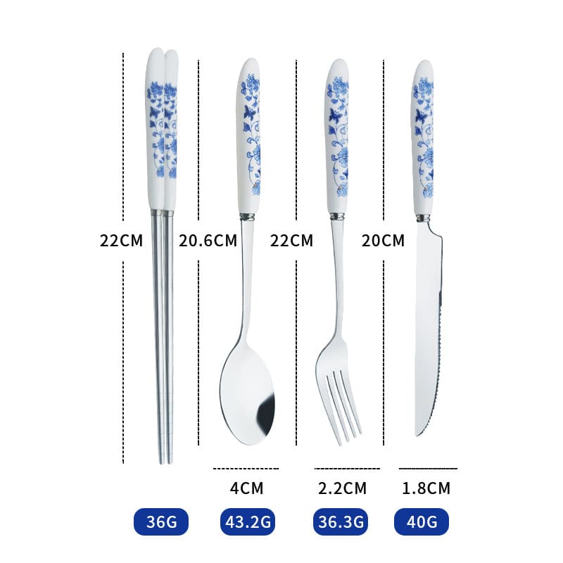 Chinese Blue and White Porcelain Stainless Steel Dinnerware Set High-End Gift Spoon Fork Knife Chopsticks with Chinese Knot