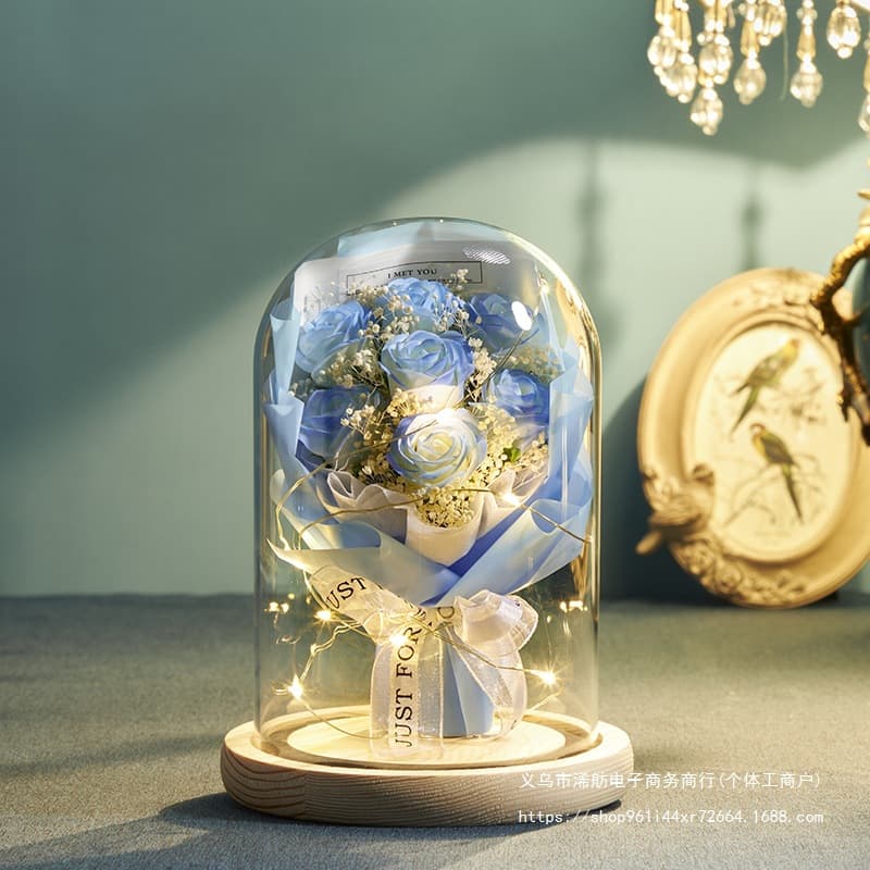 520 Valentine's Day Gift Crushed Ice Blue Preserved Flowers for Girlfriend Mom Romantic Rose Glass Dome Bouquet