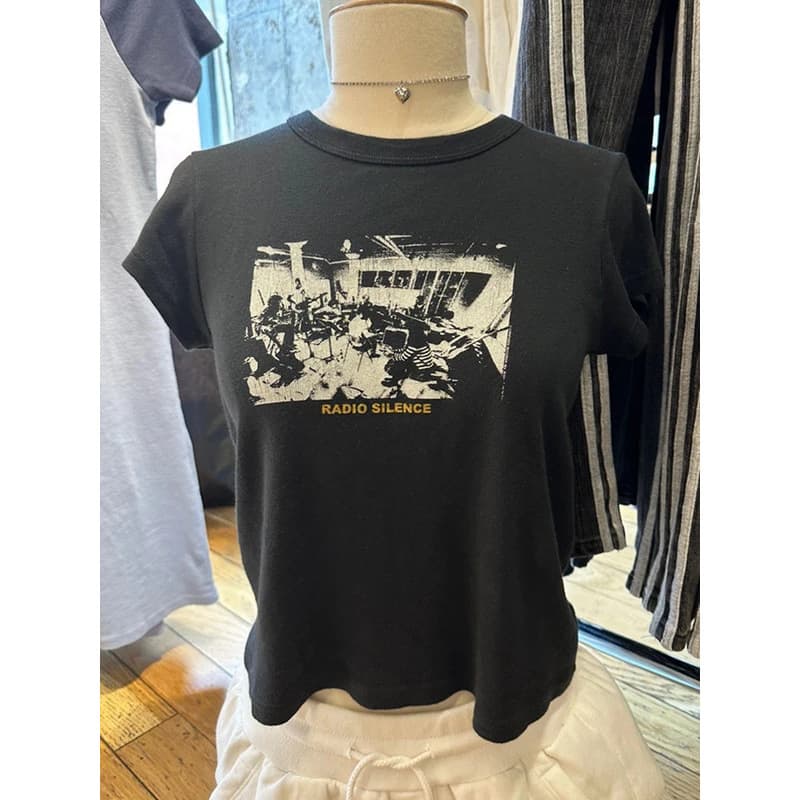 Ouma Cotton Vintage Slim Rock Band Print Tees Summer Black Round