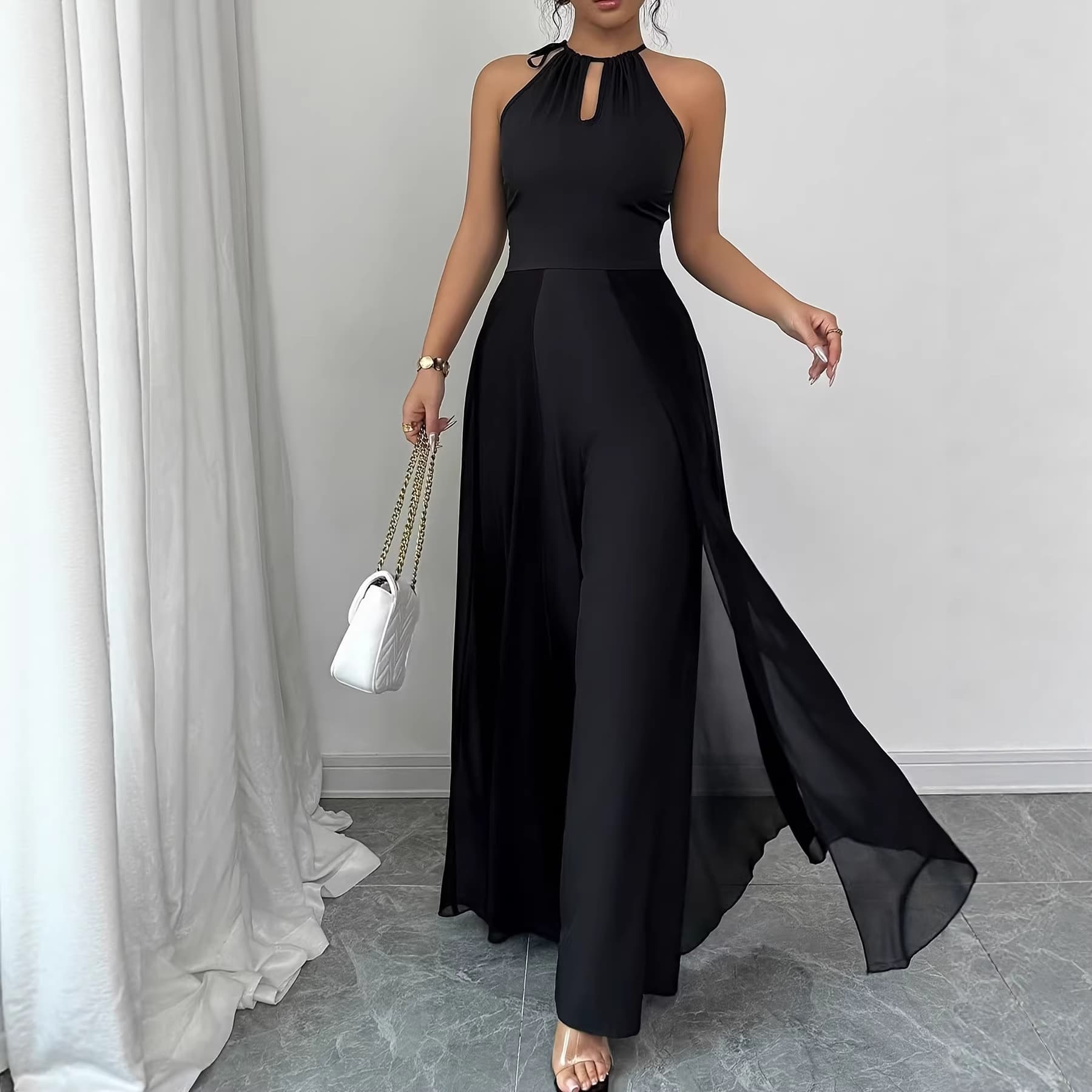 New European and American Cross-Border Elegant Slim-Fit Women's Fashion Jumpsuit in Solid Color, Popular on Amazon