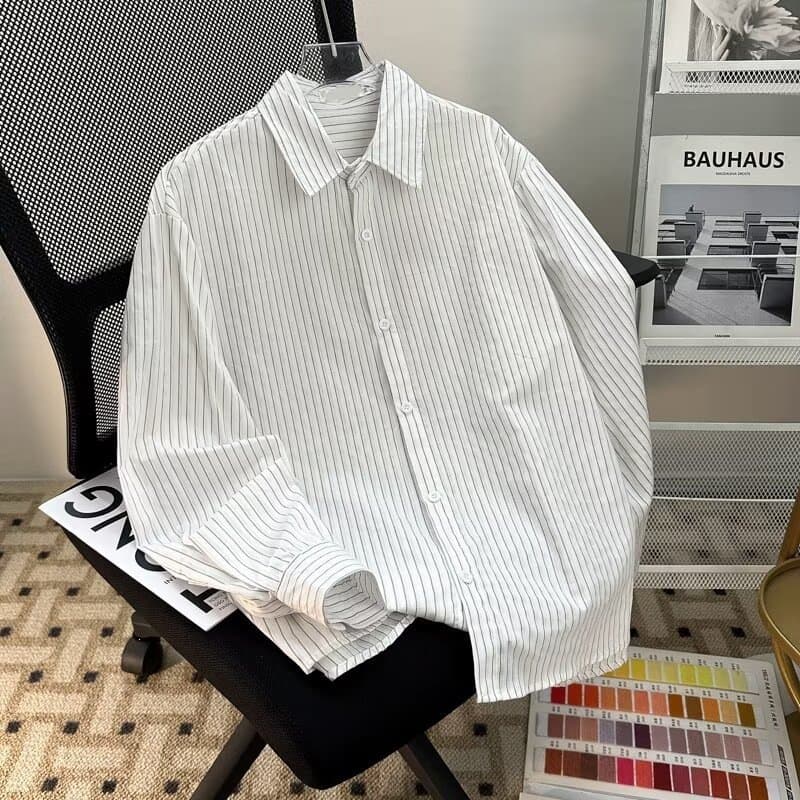 Pure Cotton Striped Long-Sleeve Shirt for Men, Autumn Thin Loose Casual Trendy Brand Drooping Sense Niche Rogue Handsome Shirt Jacket