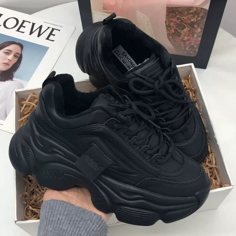 Elevated CM Thick Sole White Chunky Sneakers for Women 2025 Fall Winter Fleece-Lined Warm Soft Leather Casual Sports Shoes