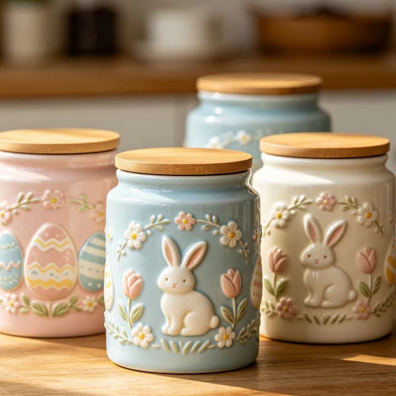 European and American Cute Embossed Rabbit Hand-Painted Easter Ceramic Egg Candy Jar Home Ornament Cookie Jar Coffee Bean Jar