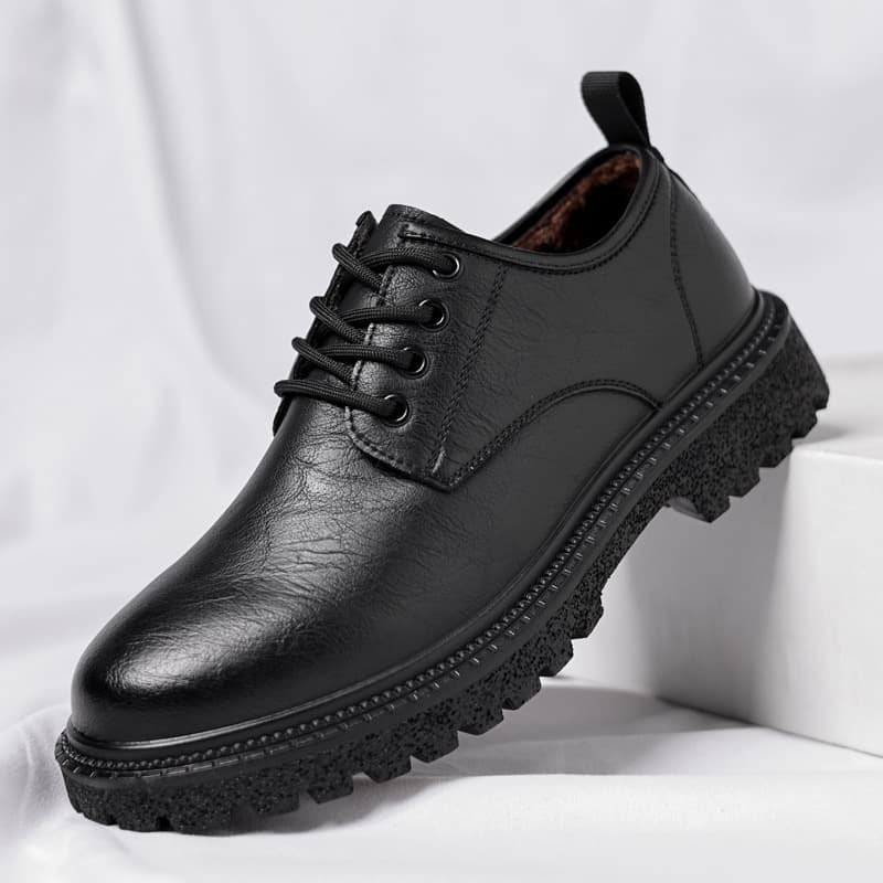 Men's autumn and winter fleece-lined casual leather shoes, low-top, thick-soled, chunky leather shoes, British style men's low-top work shoes