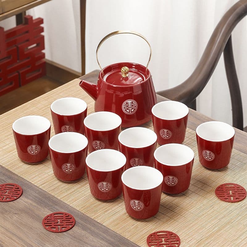 Wedding tea set, teapot set, teacups for the newlyweds' "changing of address" ceremony, red ceramic wedding teapot and teacups, wedding dowry gift.