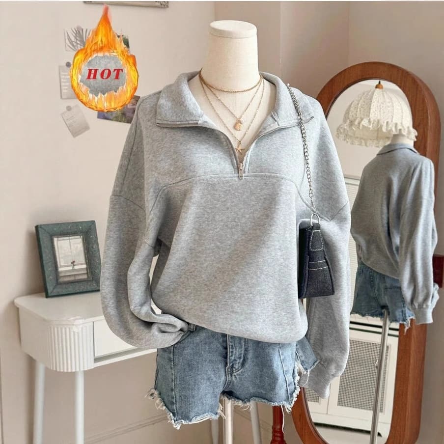Women's Fashion Half-Zip Raglan Sleeve Turn-Down Collar Fleece-Lined Thick Sweatshirt