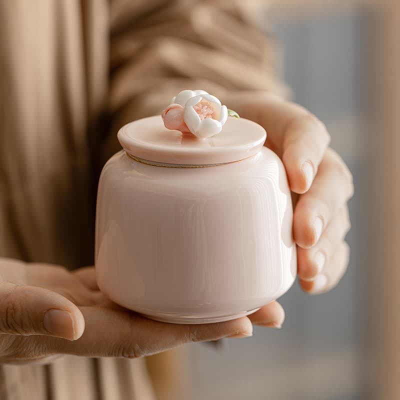 Ceramic Handcrafted Floral Tea Canister, Airtight Seal, General-Purpose Black Tea Canister, Small Pink Clay Flower Storage Portable Tea Canister
