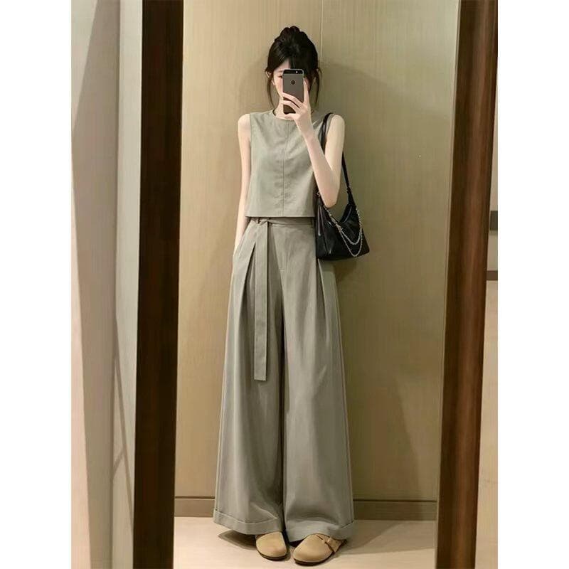 2026 New Summer Very Beautiful Korean Style Outfit Complete Set OOTD Sleeveless Top Wide Leg Pants Two Piece Set Women