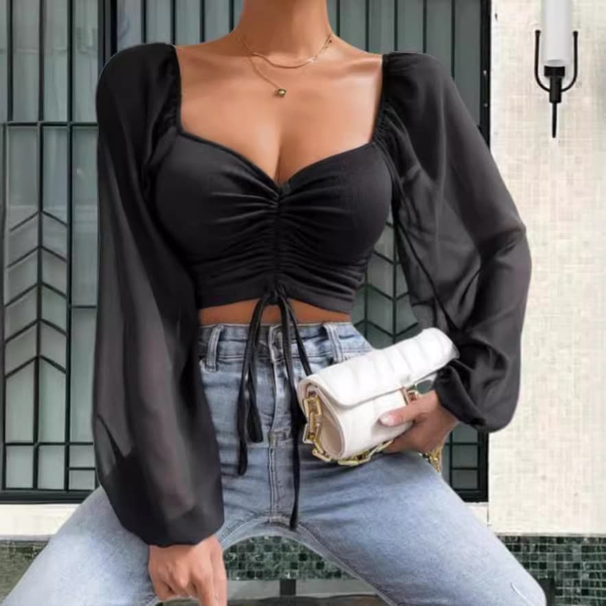 Summer New Short Top, Slim and Fashionable, Unique Long-Sleeved Sexy V Neck Drawstring Splicing Lantern Casual Women's Clothing