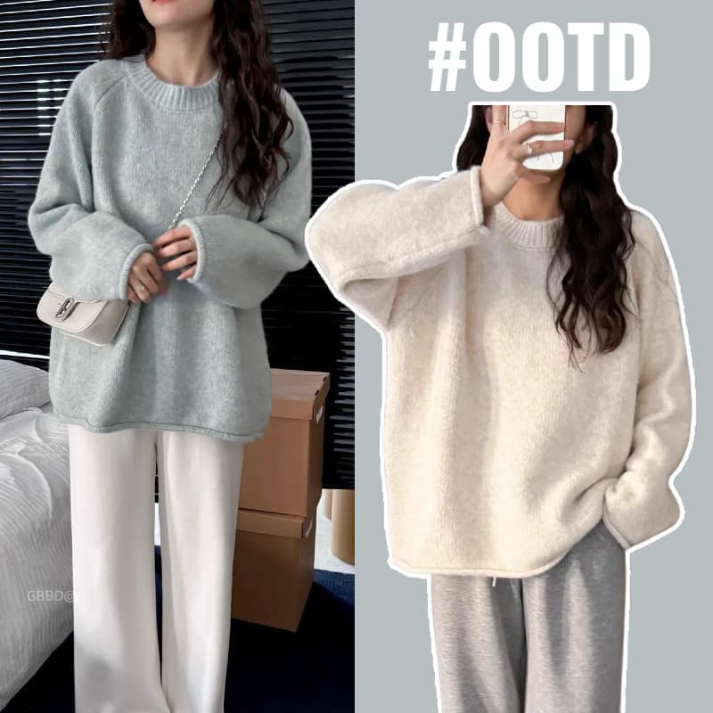 Maternity Wear Blue Korean Retro Rolled Round Neck Pullover Sweater Autumn Winter Loose Lazy Style Design Knit Top