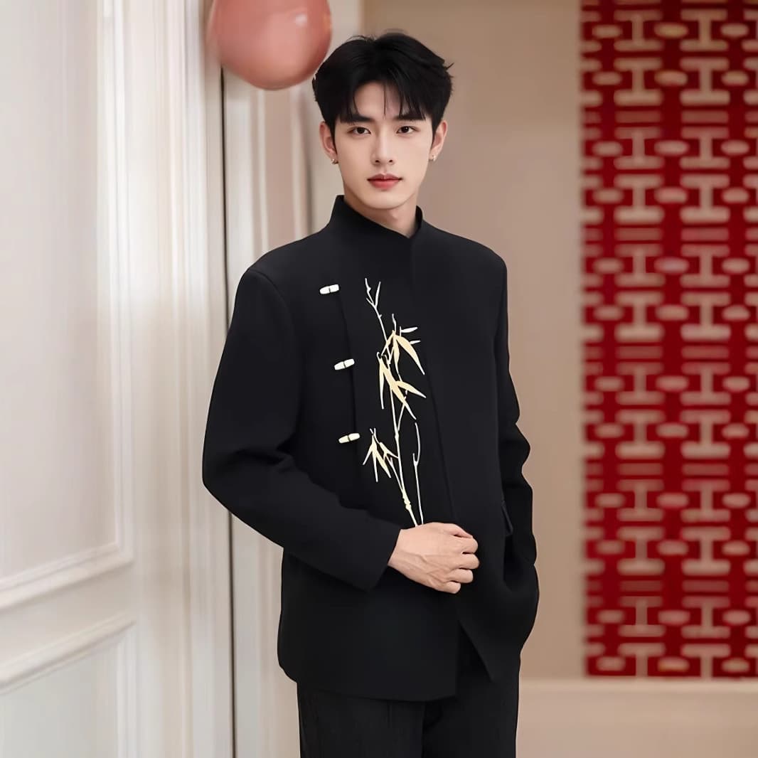 New Chinese Style Men's Ceremonial Suit for Engagement, Leisure, Mandarin Collar with Gold Bamboo Embroidery, Zhongshan Suit