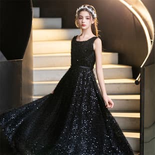New Women's and Big Girls' Black Formal Dress for Piano, Violin Performance, Host, Art Exam, and Evening Gown