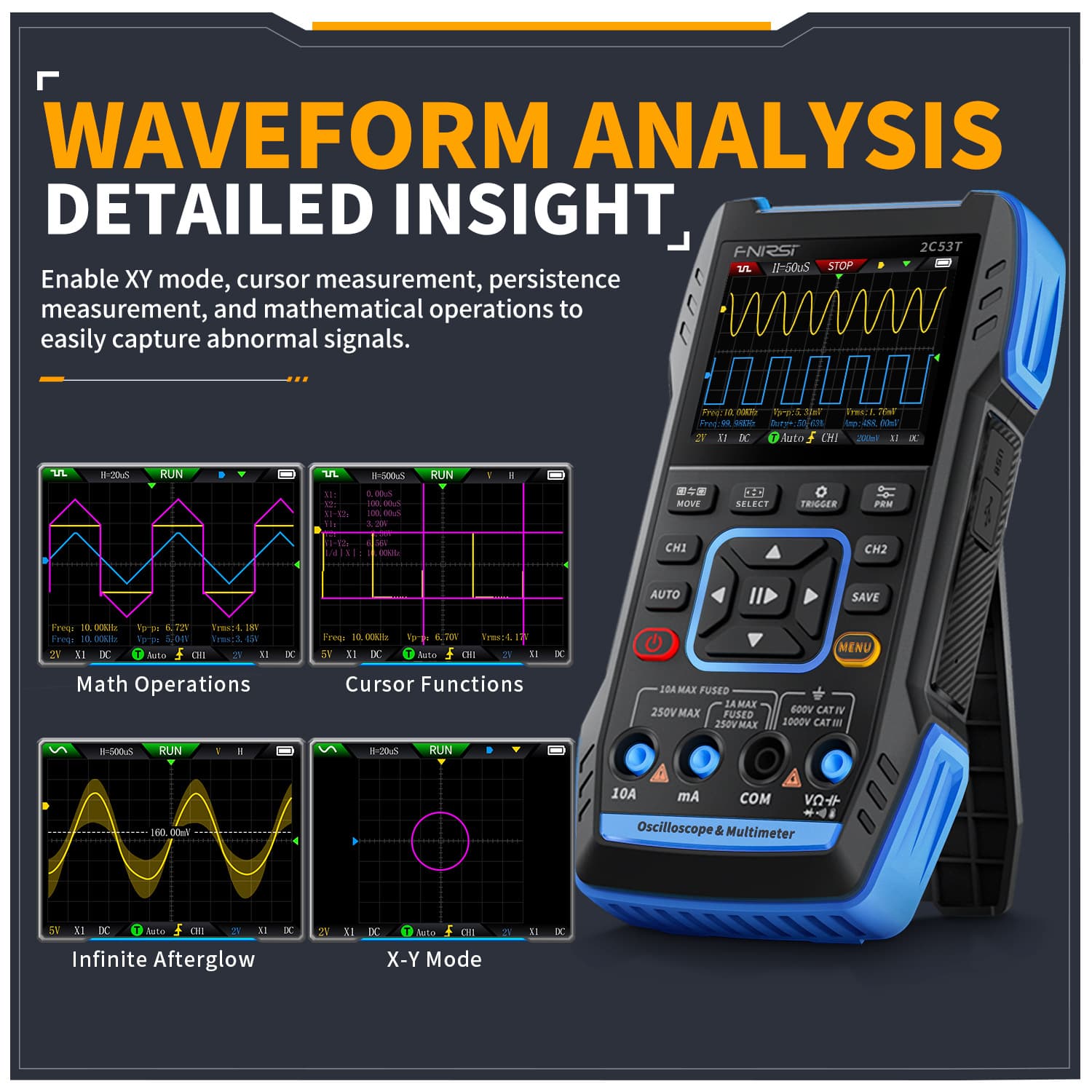 FNIRSI 2C53T Dual Channel 50M Digital Oscilloscope 4.5-Digit Multimeter Signal Generator 3-in-1