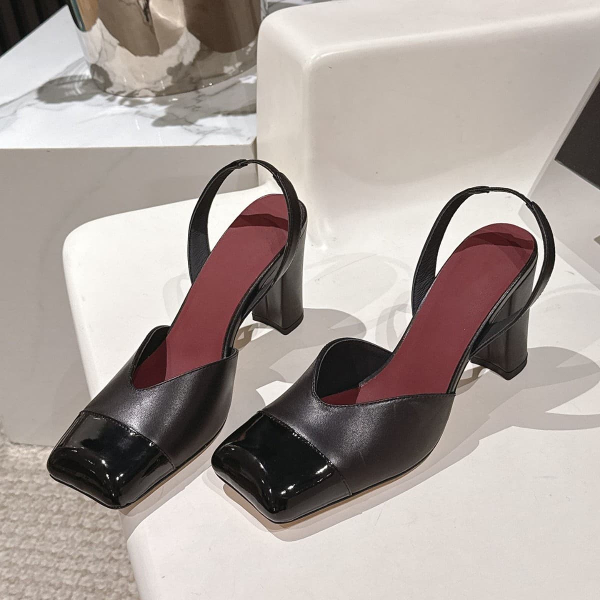Vintage Chanel Style Color Block Square Toe High Heel Sandals Women Premium Genuine Leather Covered Heel Chunky Heel Shoes Versatile High Heels
