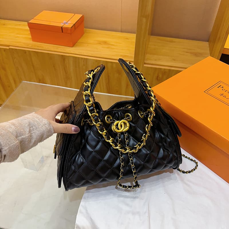 Chic Chanel-Style Bag Women's 2026 New Diamond Quilted Embroidered Chain Bucket Bag Shoulder Crossbody Bag