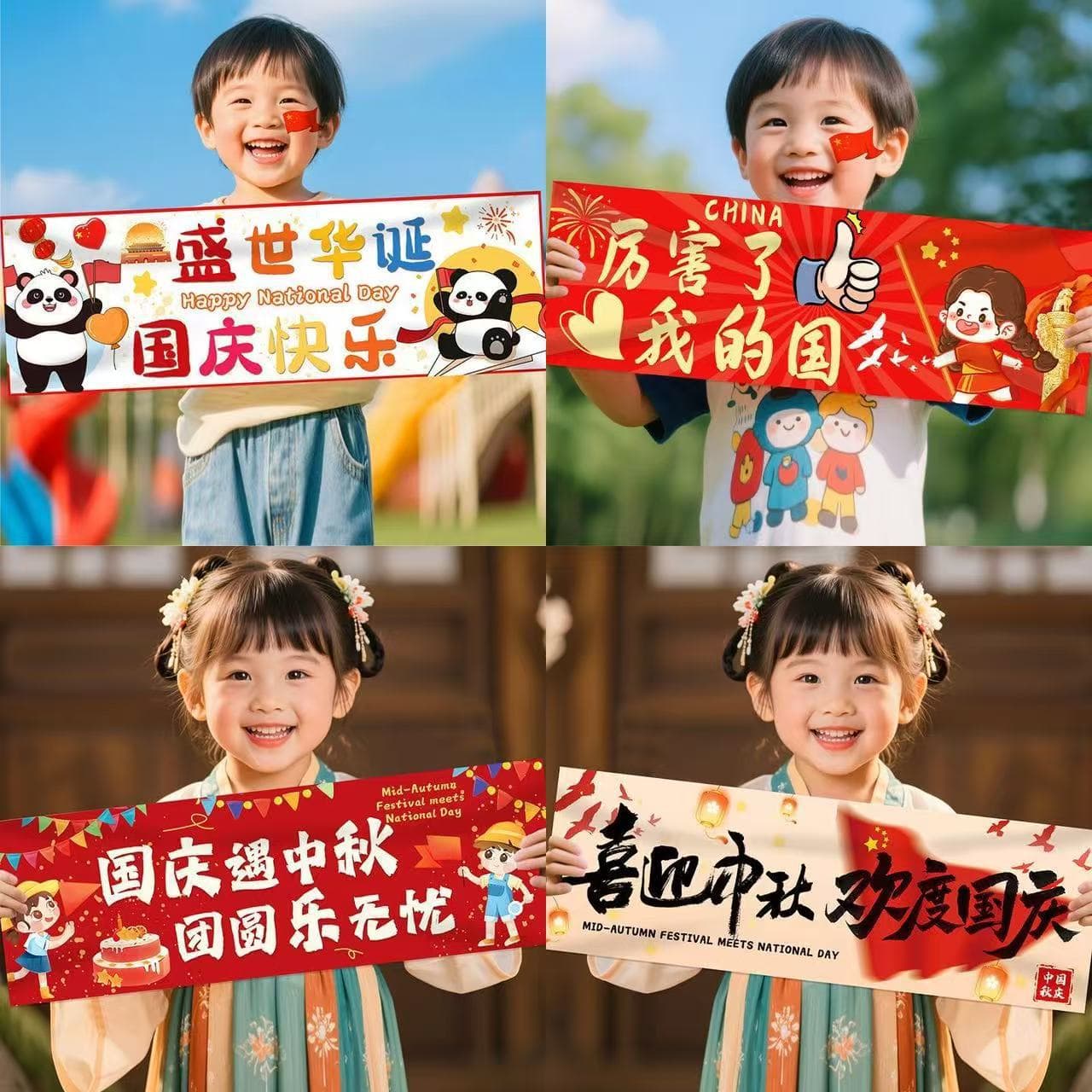 Mid-Autumn Festival & National Day Atmosphere Photo Props: Hand-Pulled Banner Decorations, Handheld Check-in Accessories