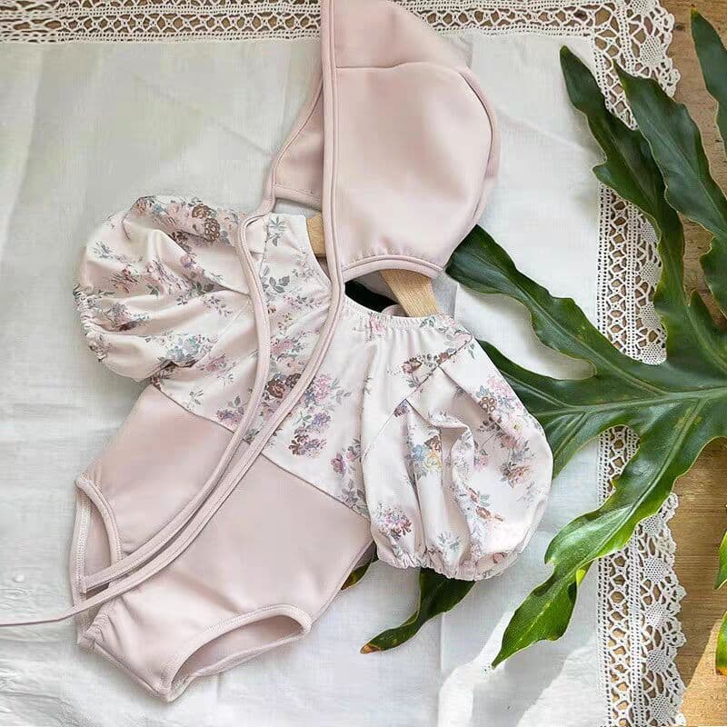Korean-style Baby Swimsuit Cute Flower Print One-piece Girls Swimsuit Children's Hot Spring Vacation Swimsuit with Hat
