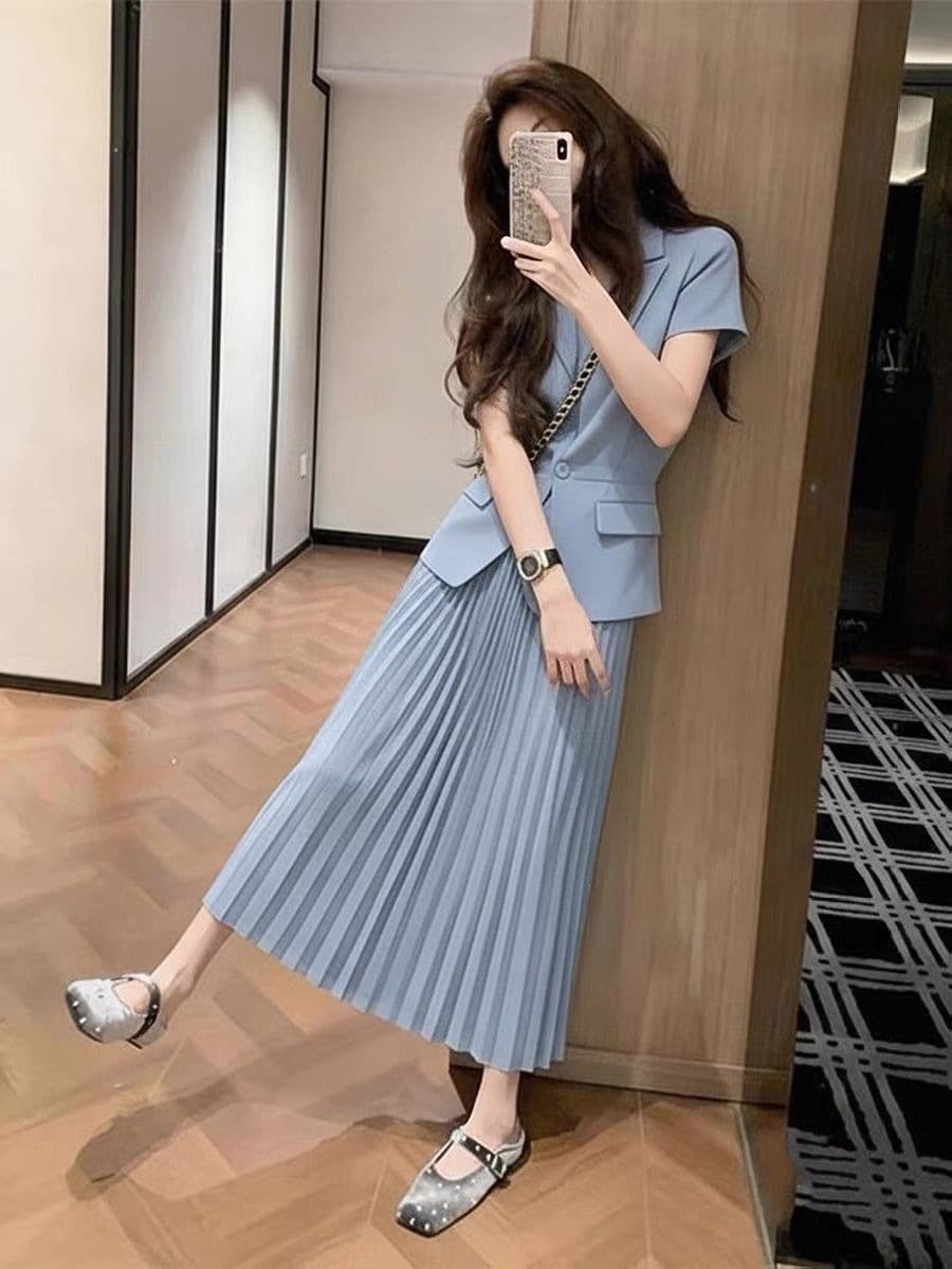 2026 Summer New Chic Commute Petite Super Stylish Misty Blue Blazer Top Skirt Suit Set