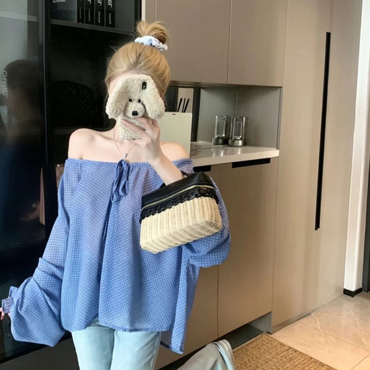 Cross-border foreign trade lazy one-shoulder polka-dot lace-up shirt for women summer thin loose long-sleeved shirt pure desire niche