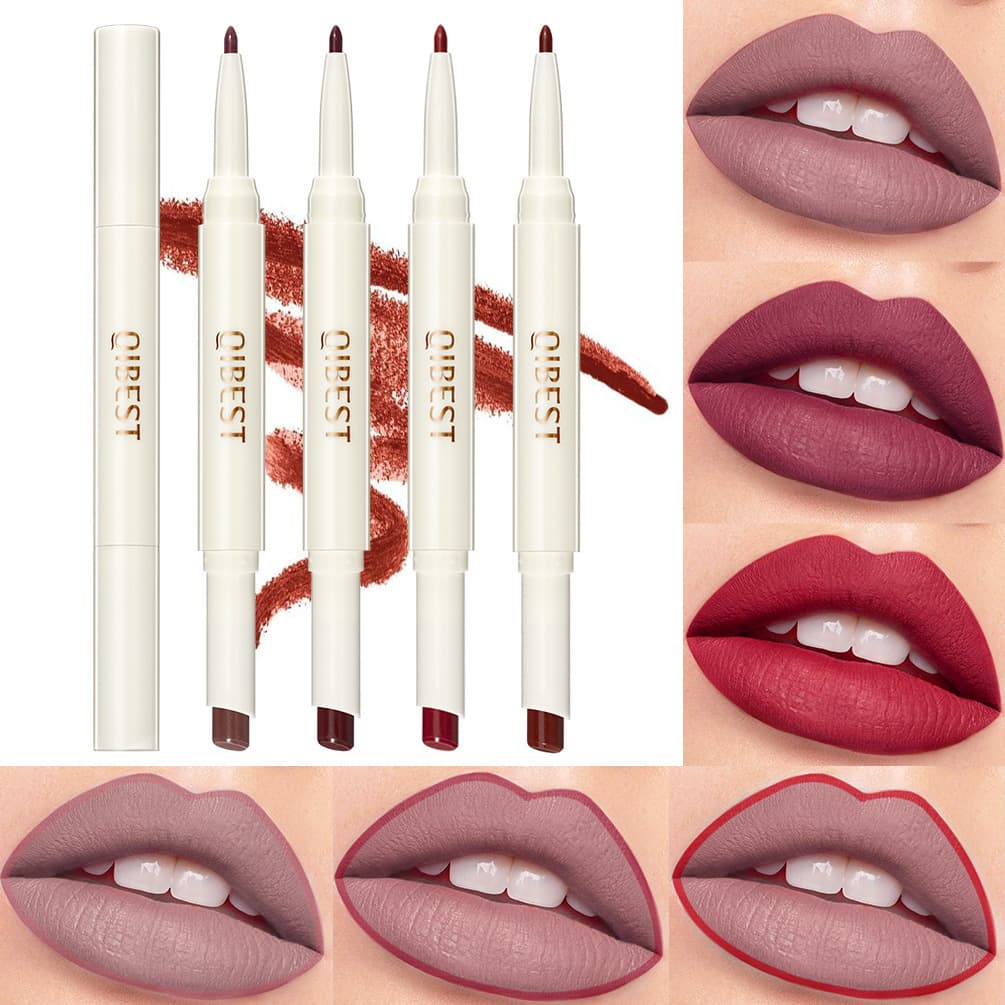 QIBEST Twist Dual-End Lipstick Lip Liner Matte Moisturizing Velvet Long-Lasting Non-Fading Non-Stick Cup Single Lipstick Cosmetics
