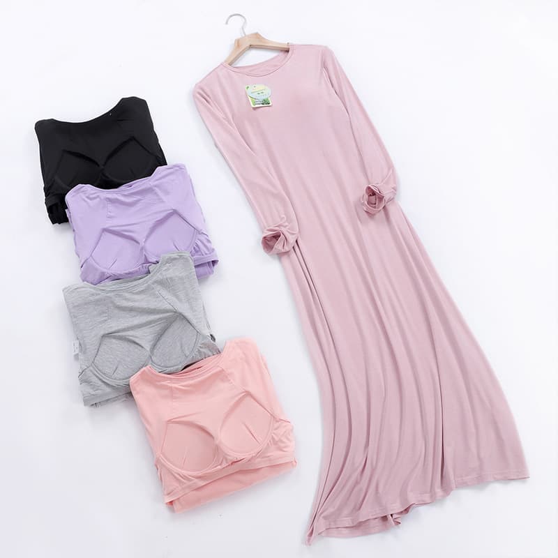 A drop-shipping modal long skirt with padded bra, one-piece long-sleeved long home skirt, pajamas skirt