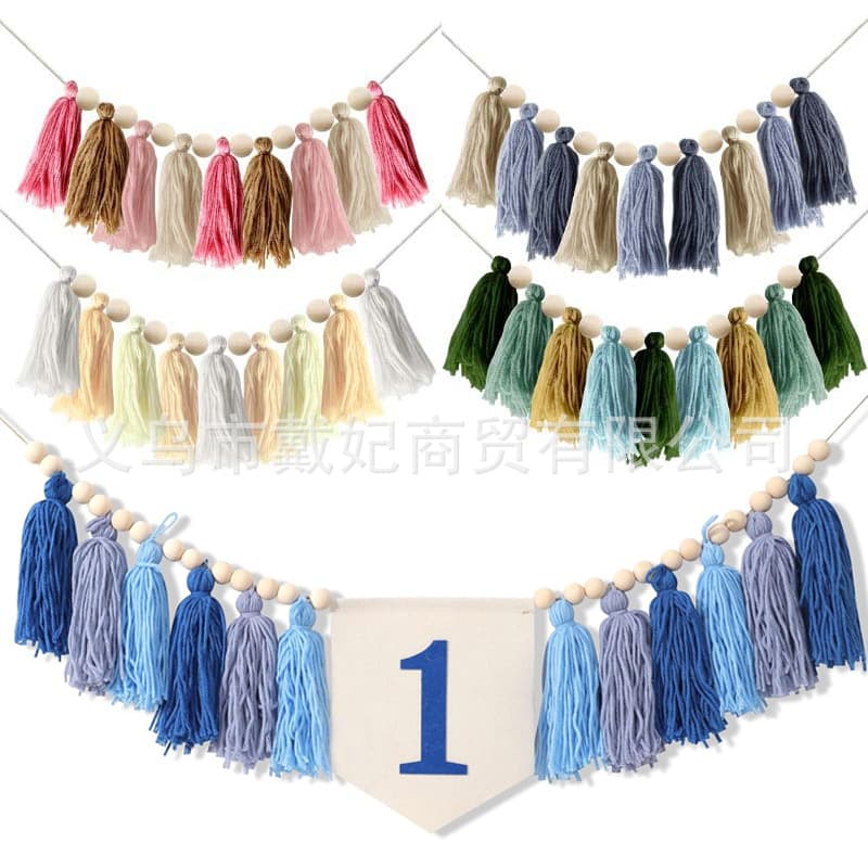 Wooden Bead String with Yarn Tassel Wall Hanging Decoration for Kids Room, Ins Nordic Style Pull Flower Wall Hanging, Birthday High Chair Banner