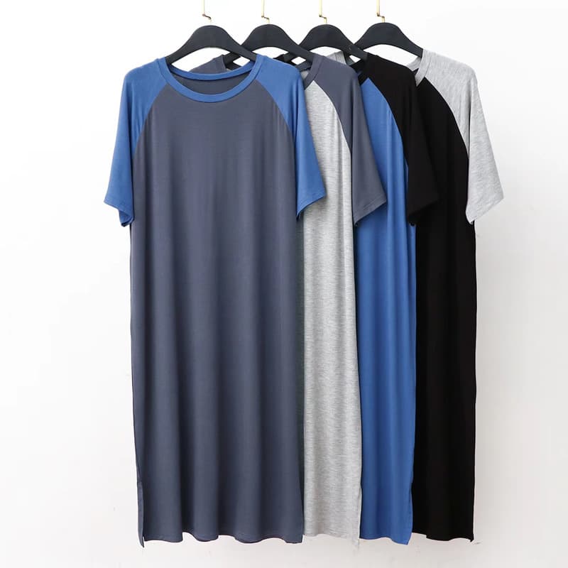 Modal Men's Short-Sleeve Nightgown Summer Thin Loose Fit Patchwork Contrast Color Casual Home Dress