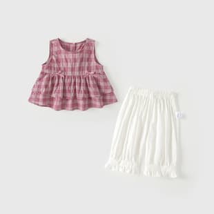 Baby Set Girl Summer New Style Little Girl Sleeveless Vest Short Skirt Long Pants Thin Fashionable Plaid Girl Clothes