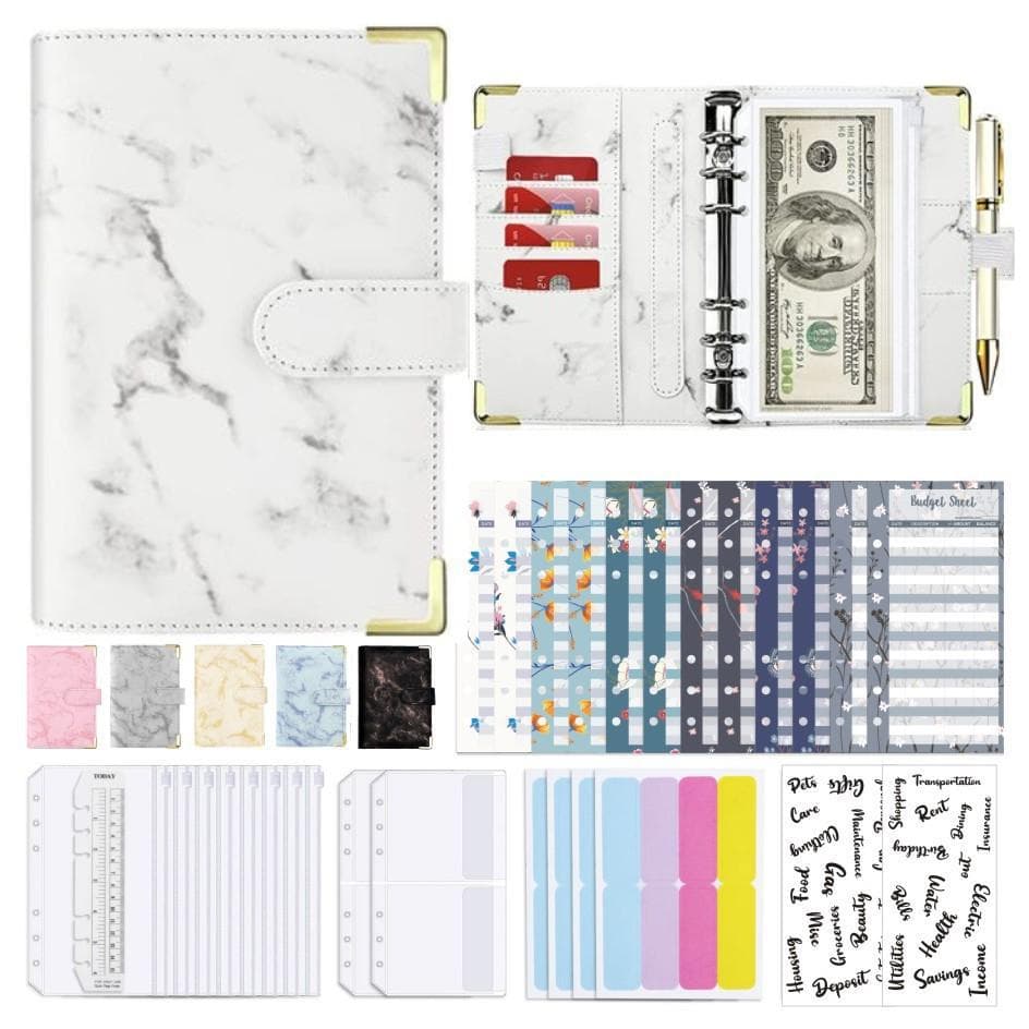 A6 Binder Budget Notebook Marble Pattern Leather PU Loose-Leaf Cash Organizer Journal