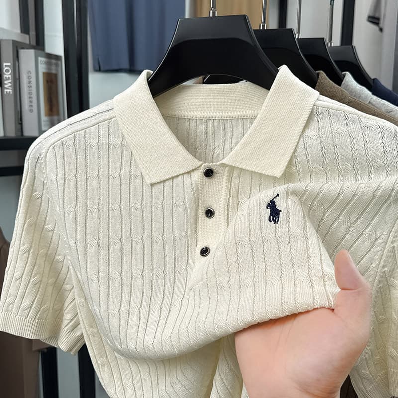 Aolei Paolo Men's Short-Sleeve Polo Shirt Summer New Old Money Style Turn-Down Collar Knitted Linen Trendy Top