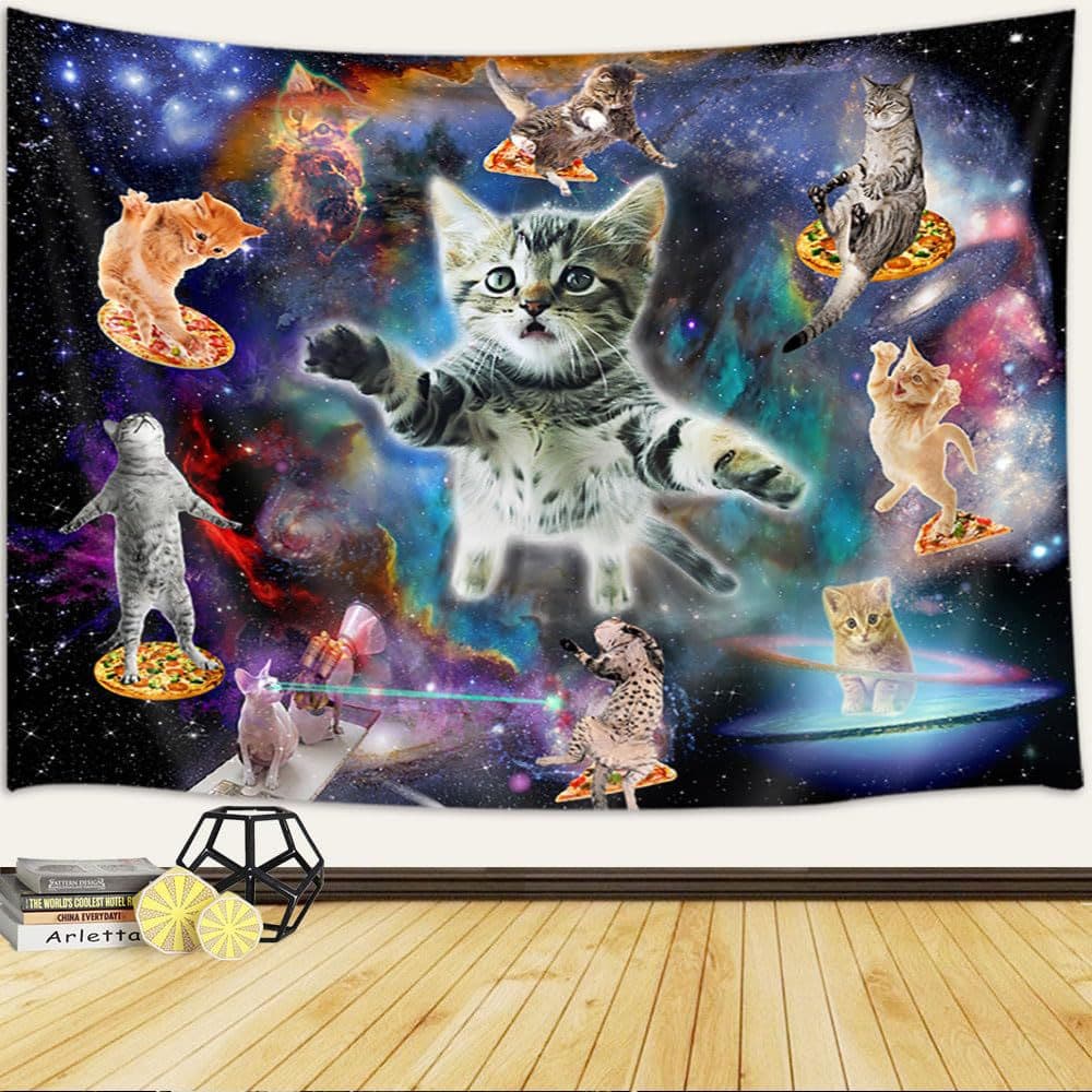 Cat Tapestry Wall Hanging Cool and Fun Kitten Starry Sky Nebula Galaxy Tapestry Psychedelic Home Decoration Wall Rug