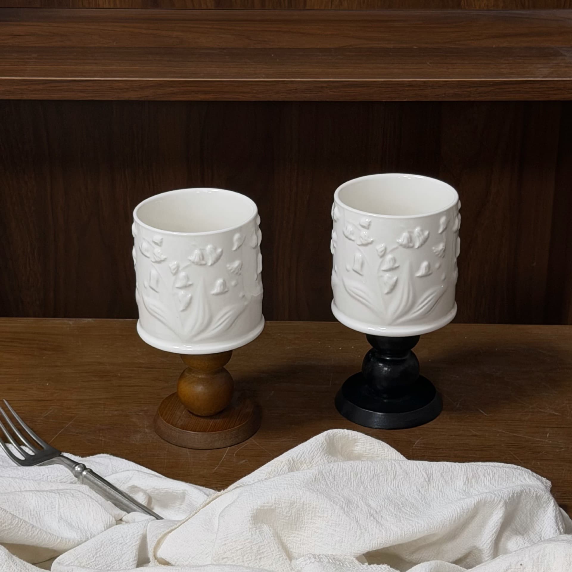 French Embossed Lily of the Valley Wooden Stemmed Cup Aromatherapy Candle Cup Diffuser Stone Cup Dessert Cup High-Aesthetic Ceramic Cup