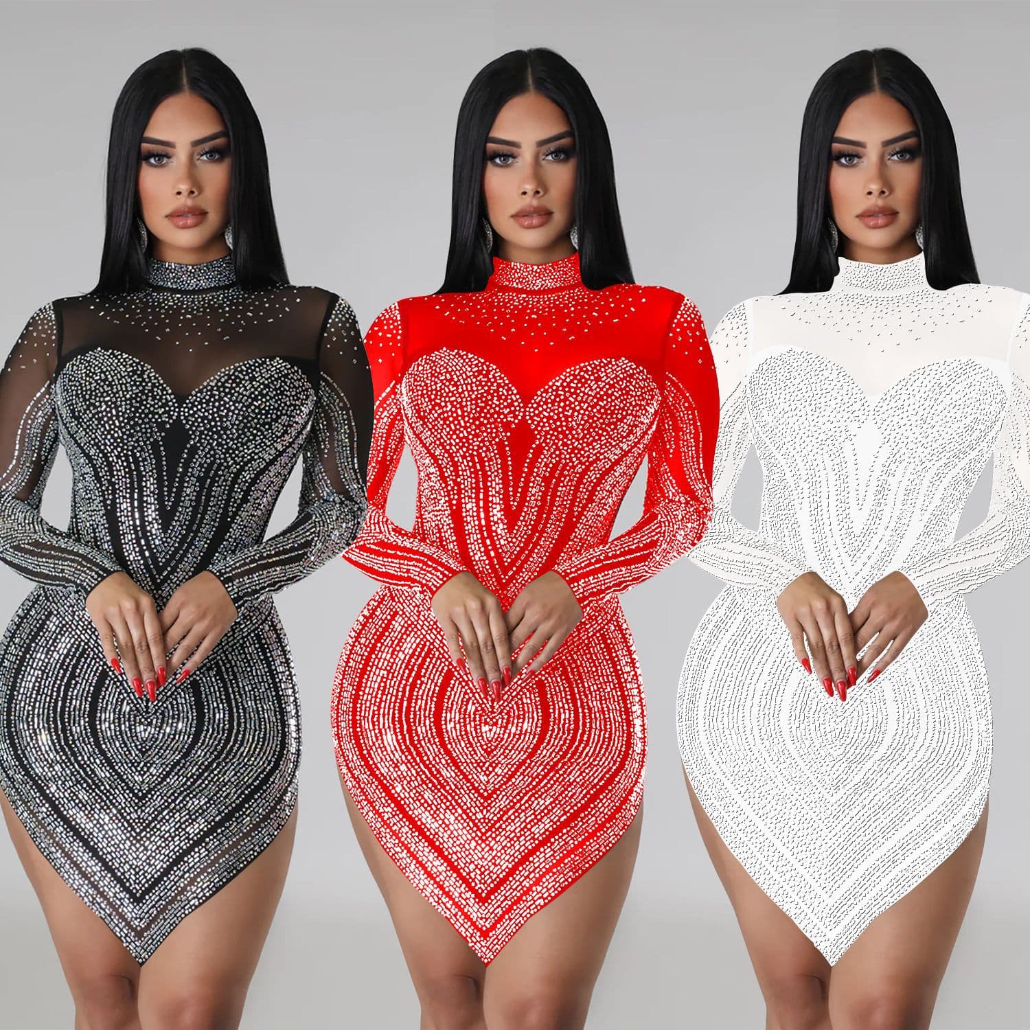 C6371 Cross-border AliExpress Amazon European and American Fashion Women's Solid Color Mesh Rhinestone Long Sleeve Short Dress